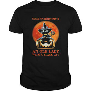 Never Underestimate An Old Lady With A Black Cat Pumpkin Sunset Halloween Shirt